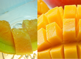 フルーツの試食：北海道産「夕張メロン」、沖縄県産「マンゴー」