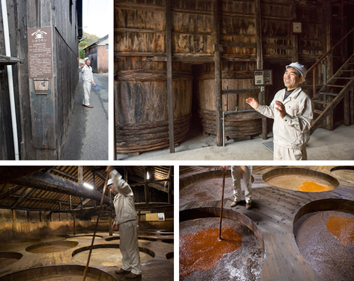 小豆島の醤油蔵には、「こが」と言われる巨大な醤油桶を現役で使っているところが多い。容量は30石（5400リットル）。正金醤油の杉桶にも熟成した深い茶色のもろみが桶に眠っていた。